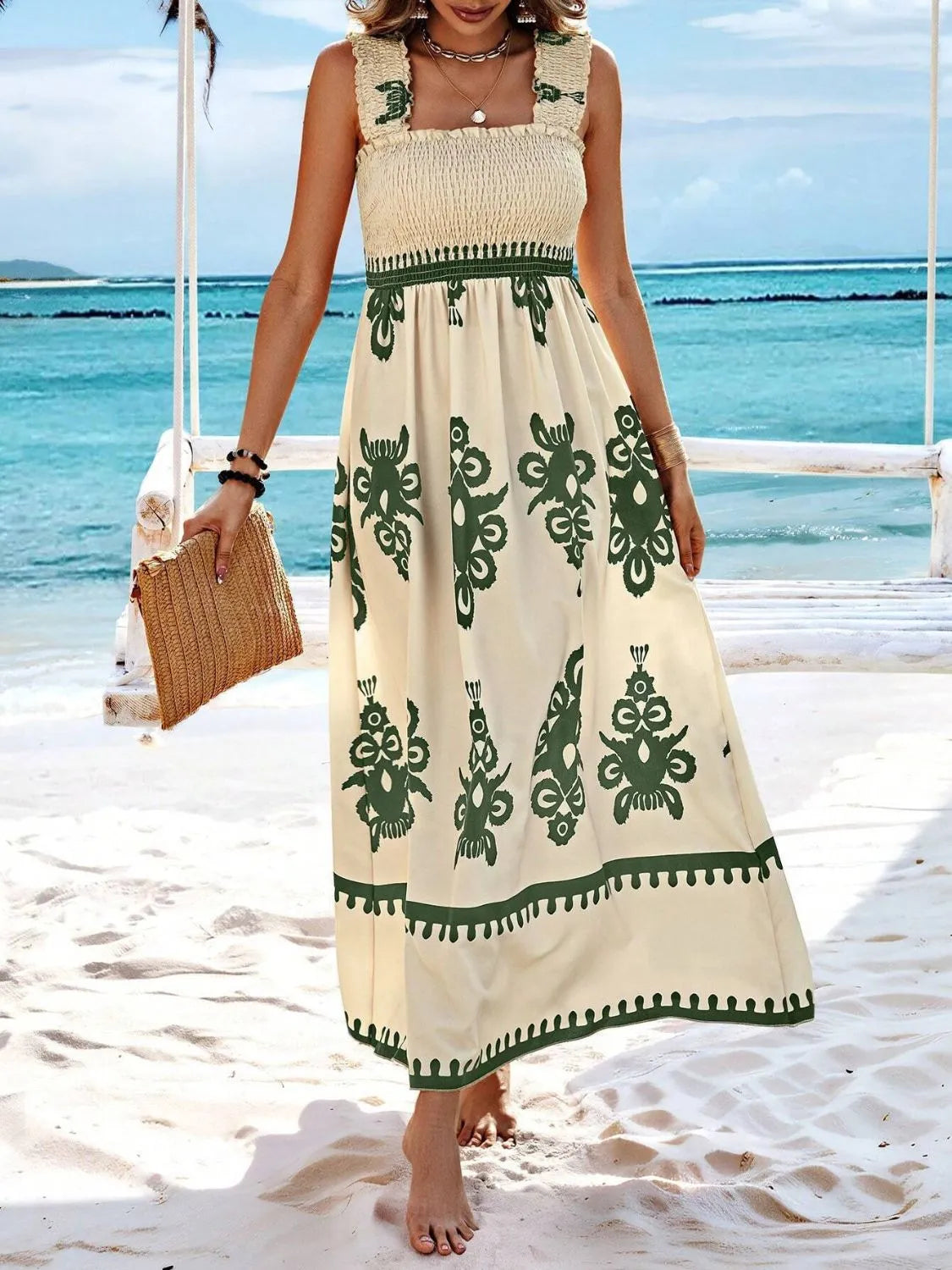 Smocked Printed Wide Strap Maxi Dress - kinko