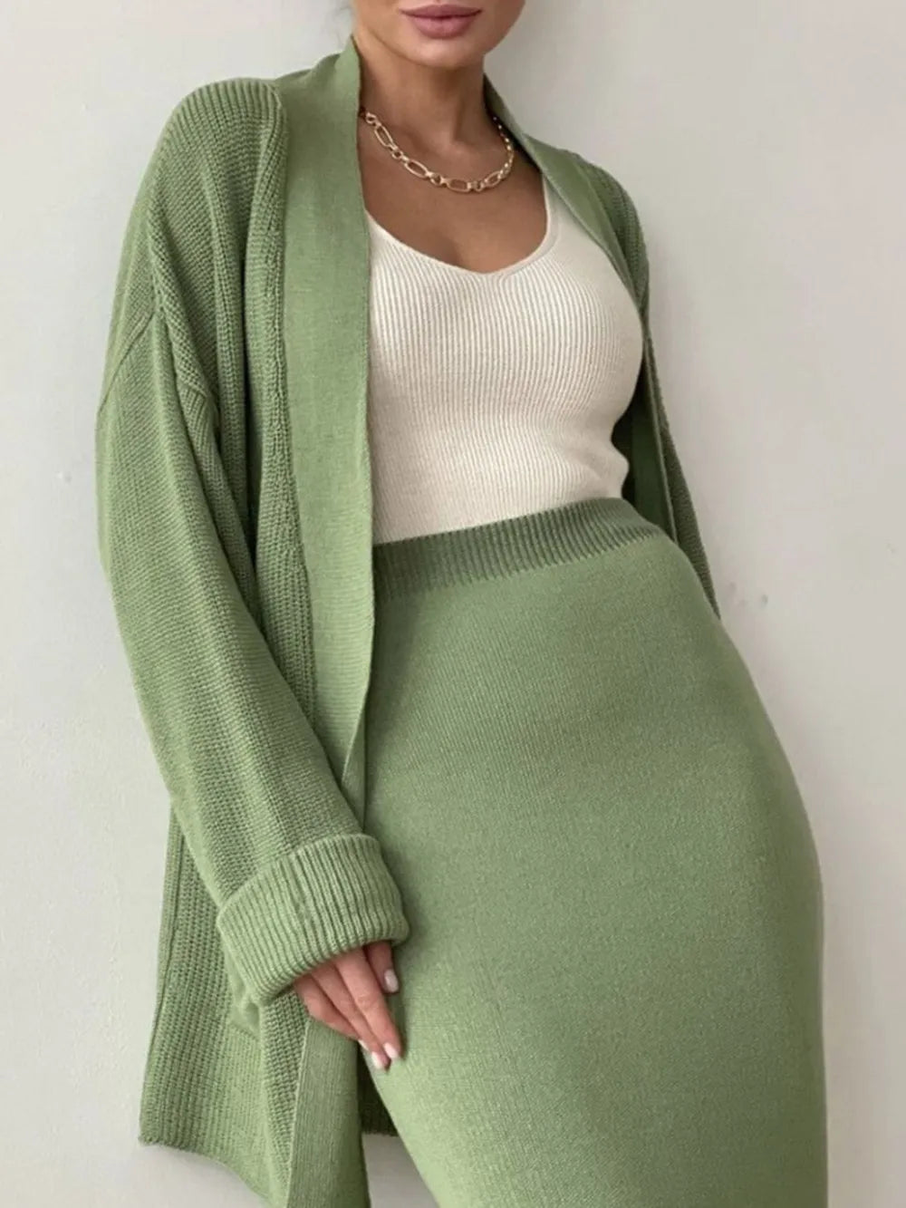 Pocketed Long Sleeve Cardigan and Skirt Sweater Set - kinko