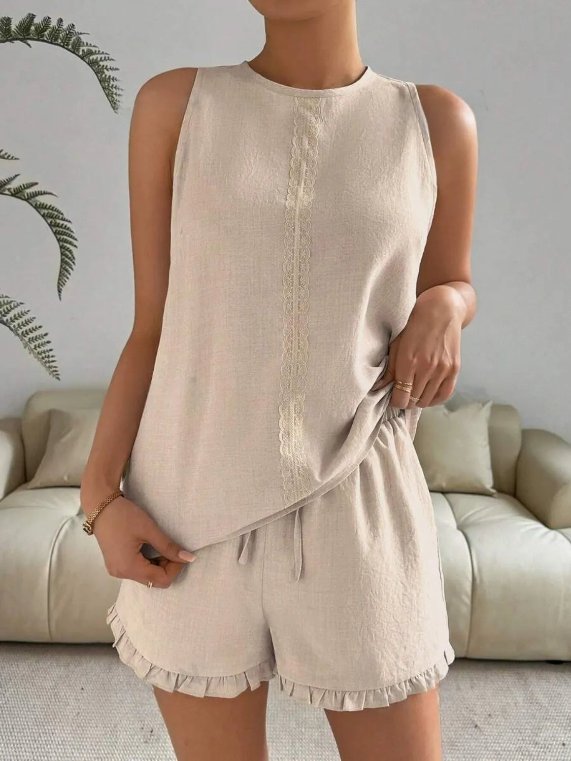 Lace Detail Round Neck Tank and Shorts Set - kinko