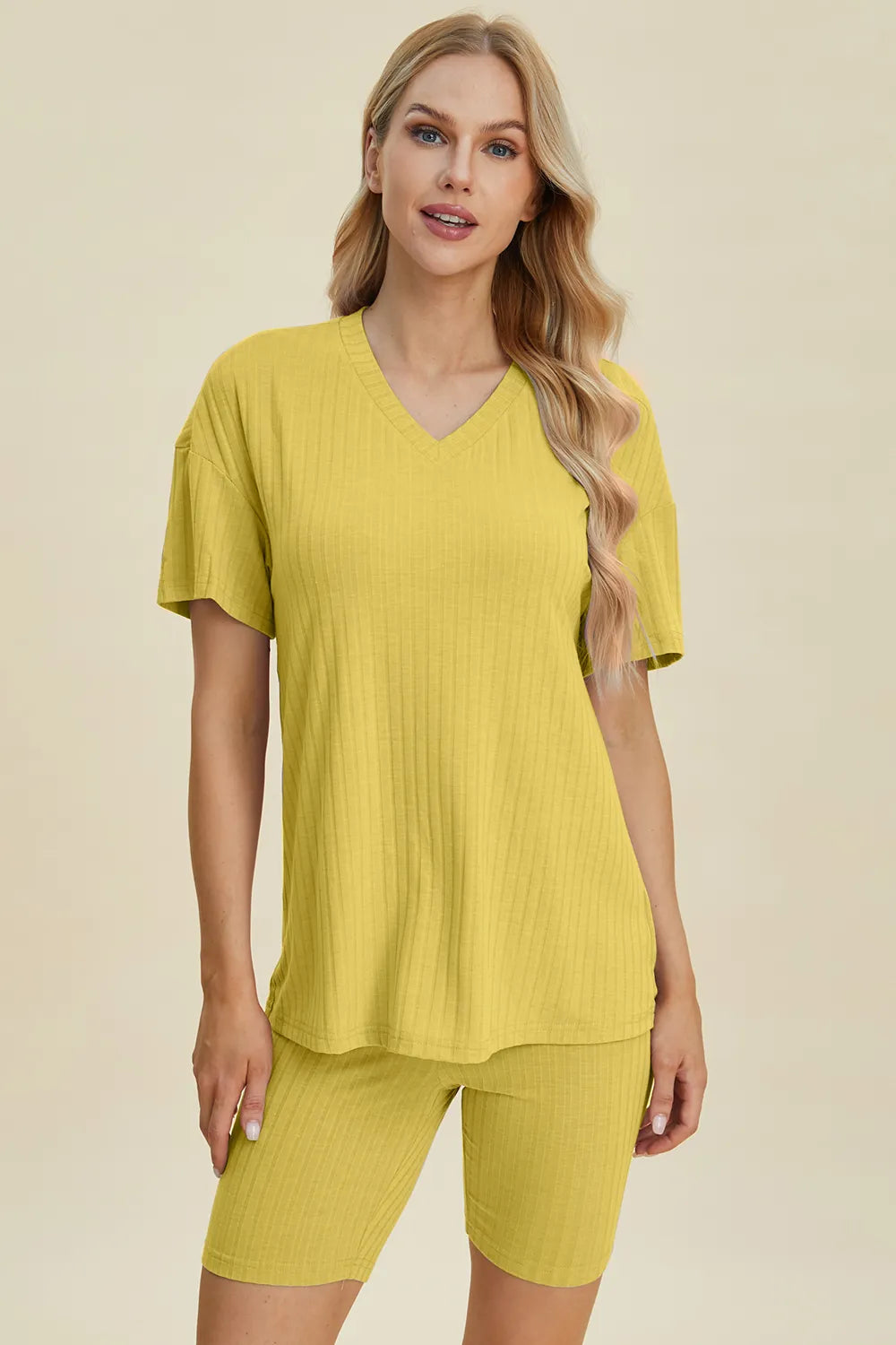 Basic Bae Full Size Ribbed V-Neck Short Sleeve Top and Shorts Set - kinko