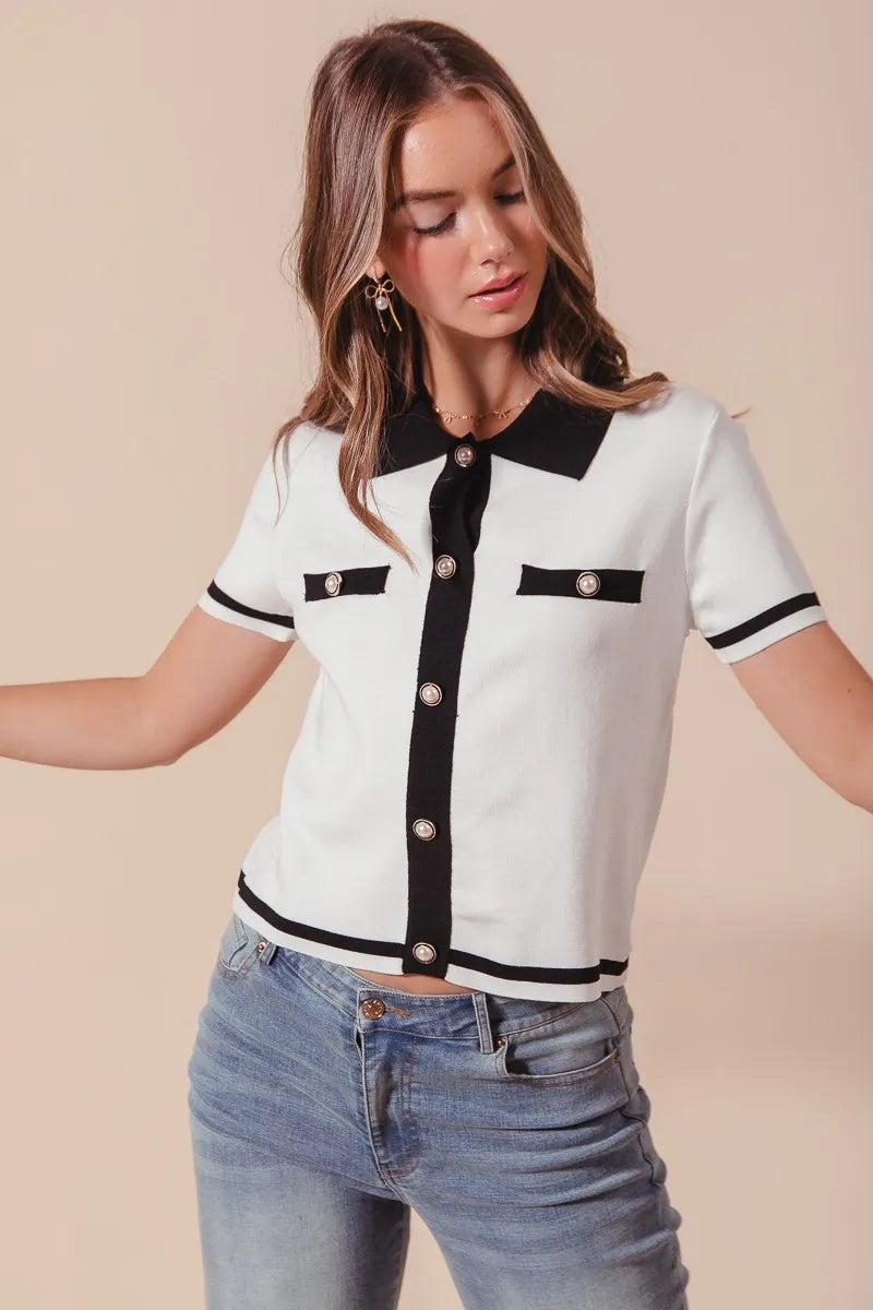 SO ME Button Down Knitted Sweater Shirt Top - kinko