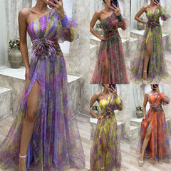 New Party Mesh Slanted Shoulder Dress INS Casual And Fashionable Women's Long Skirt - kinko