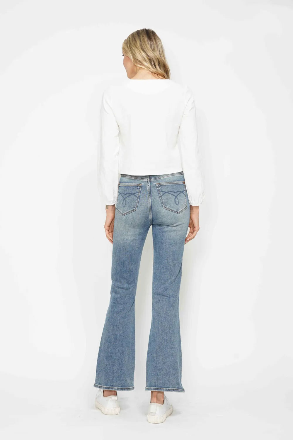 Judy Blue Full Size Tummy Control Back Embroidered Pocketed Bootcut Jeans Plus Size - kinko