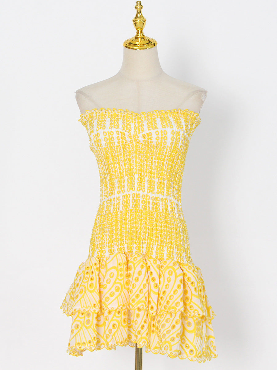 Y2K Tube Top Pleated Dress Ins Fashion Print A-line Short Dresses For Beach Party Clothing Women - kinko