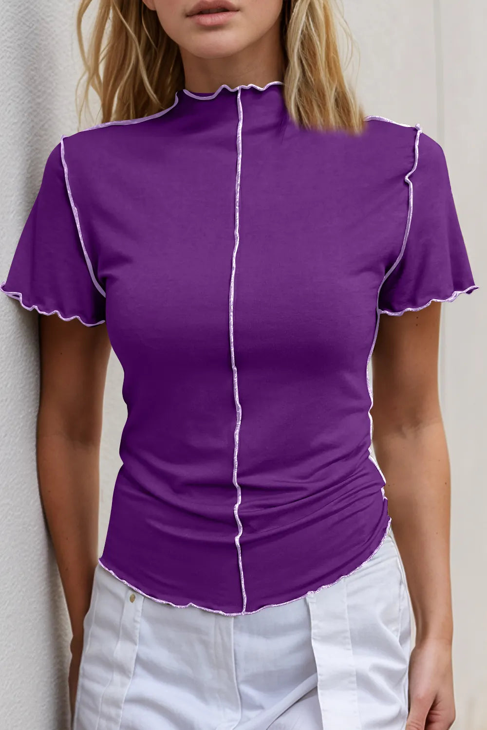 Basic Bae Contrast Trim Mock Neck Short Sleeve T-Shirt - kinko