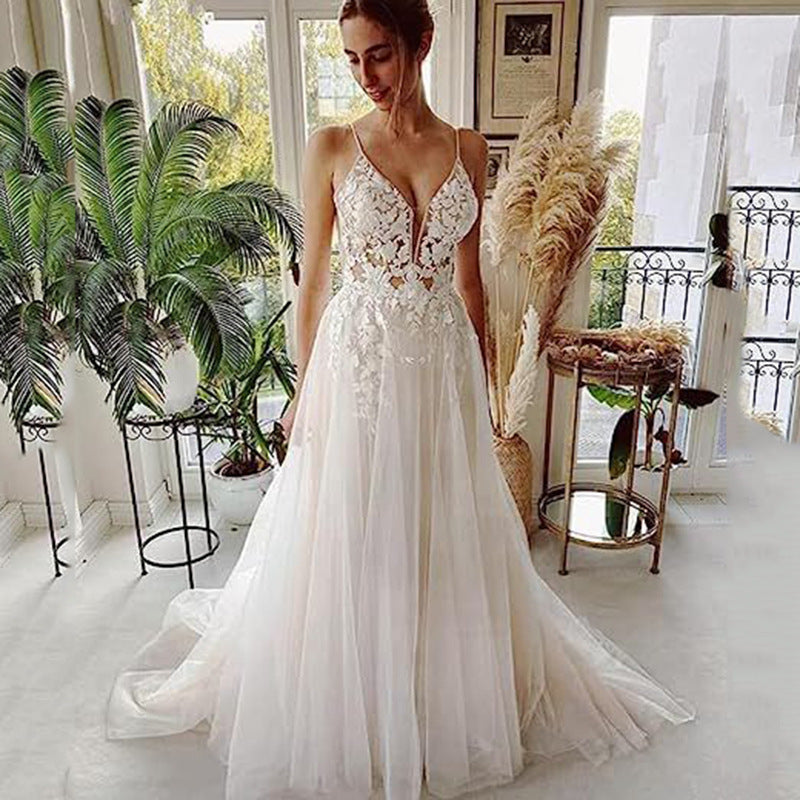 Women's Wedding Dress Lace Strap Backless - kinko