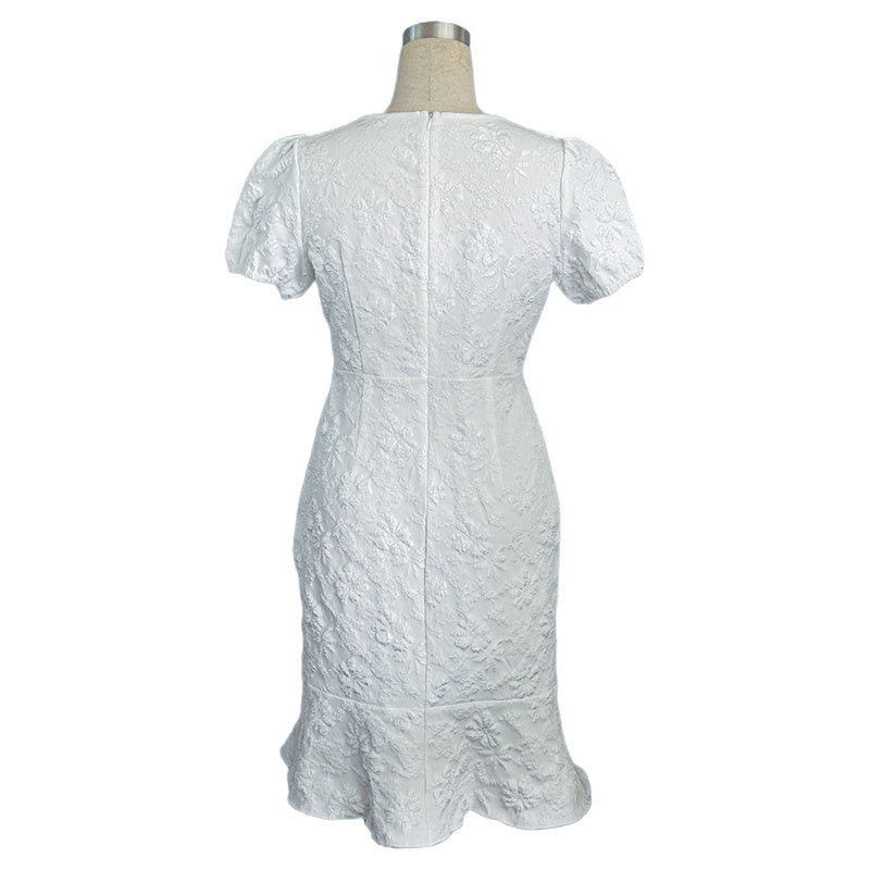Women's Floral Jacquard Dress Women's Short Puff Sleeve Crew Neck Ruffle Hem Bodycon Dresses - kinko