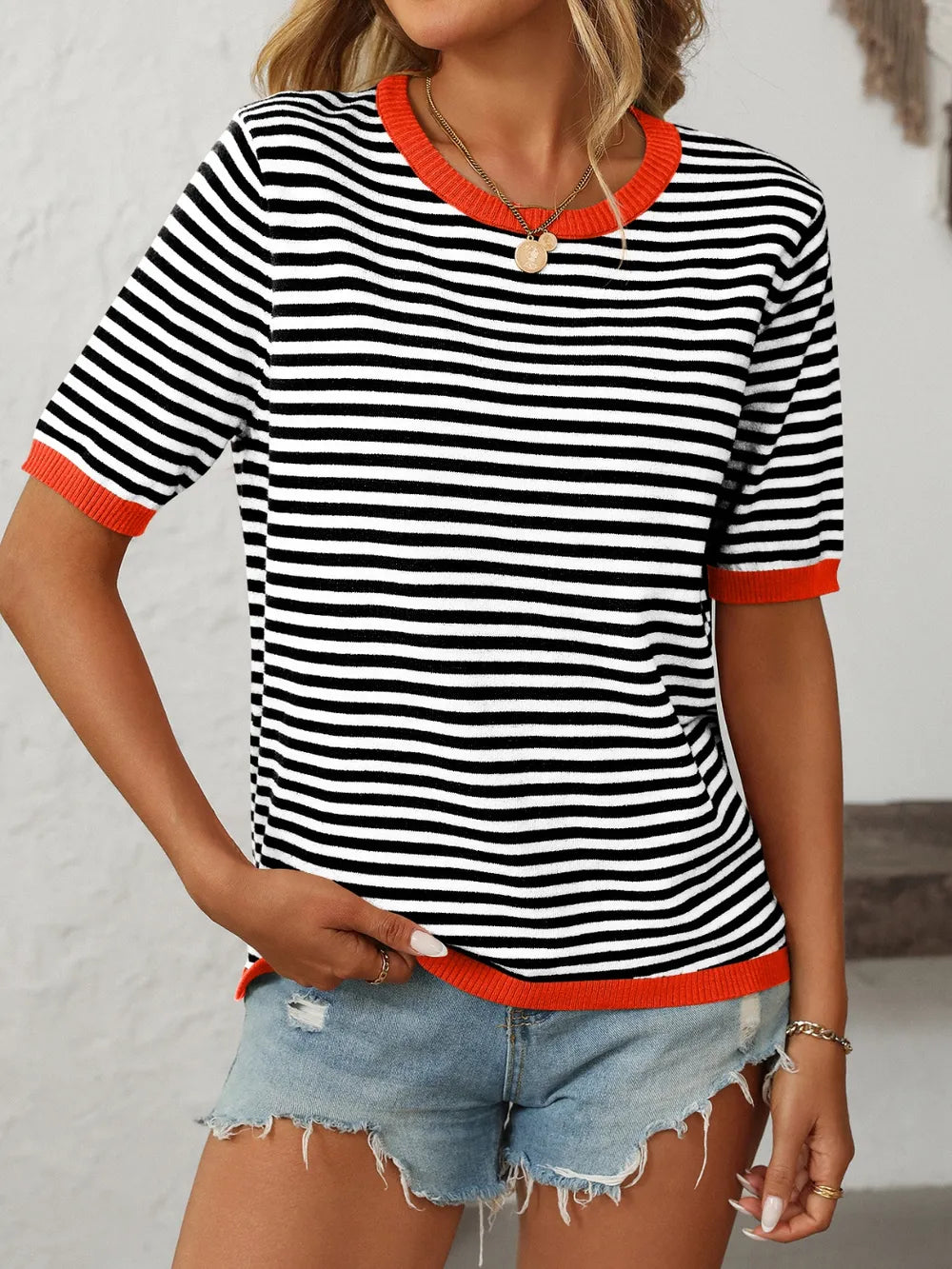 Mandy Striped Round Neck Half Sleeve Knit Top - kinko