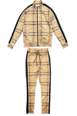 WEIV Men's Full Size Plaid Checkered Zip Up Track Jacket and Pants Set Plus Size - kinko