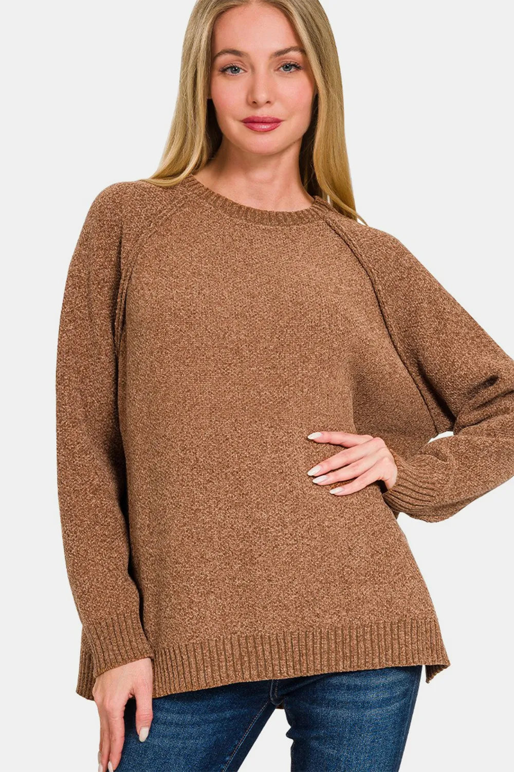 Zenana Side Slit Raglan Sleeve Sweater - kinko