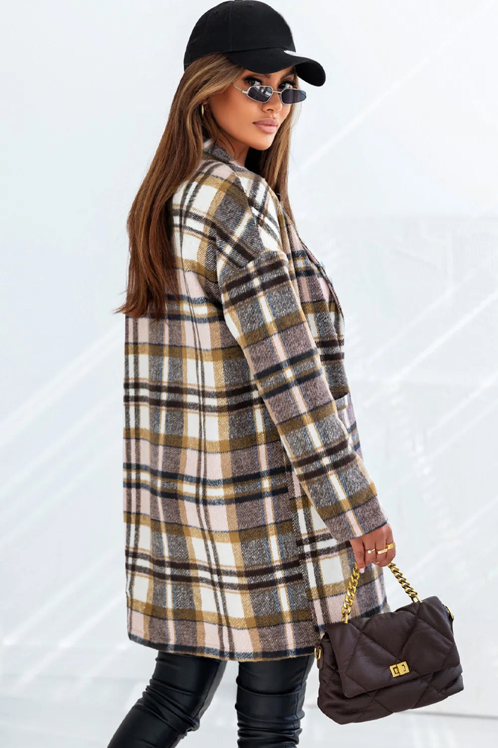 Plaid Longline Jacket with Pockets - kinko