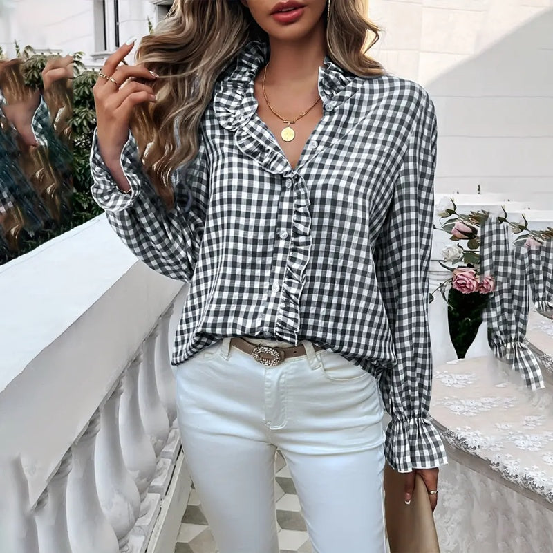 Women's French Style Checkered Button-Up Shirt - Elegant Plaid Pattern, Stand Collar With Ruffled Cuffs, Comfortable Wear - kinko