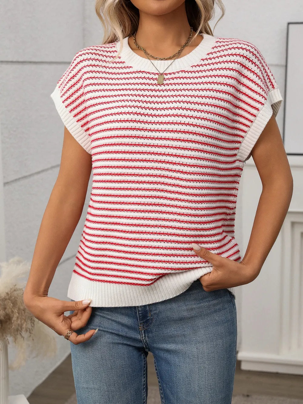 Striped Round Neck Short Sleeve Knit Top - kinko