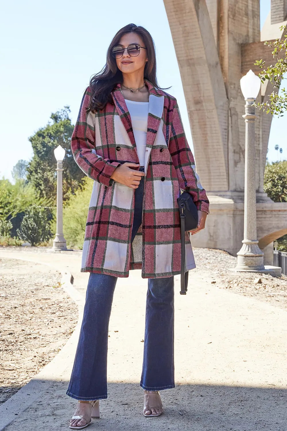 Double Take Full Size Plaid Button Up Lapel Collar Coat - kinko