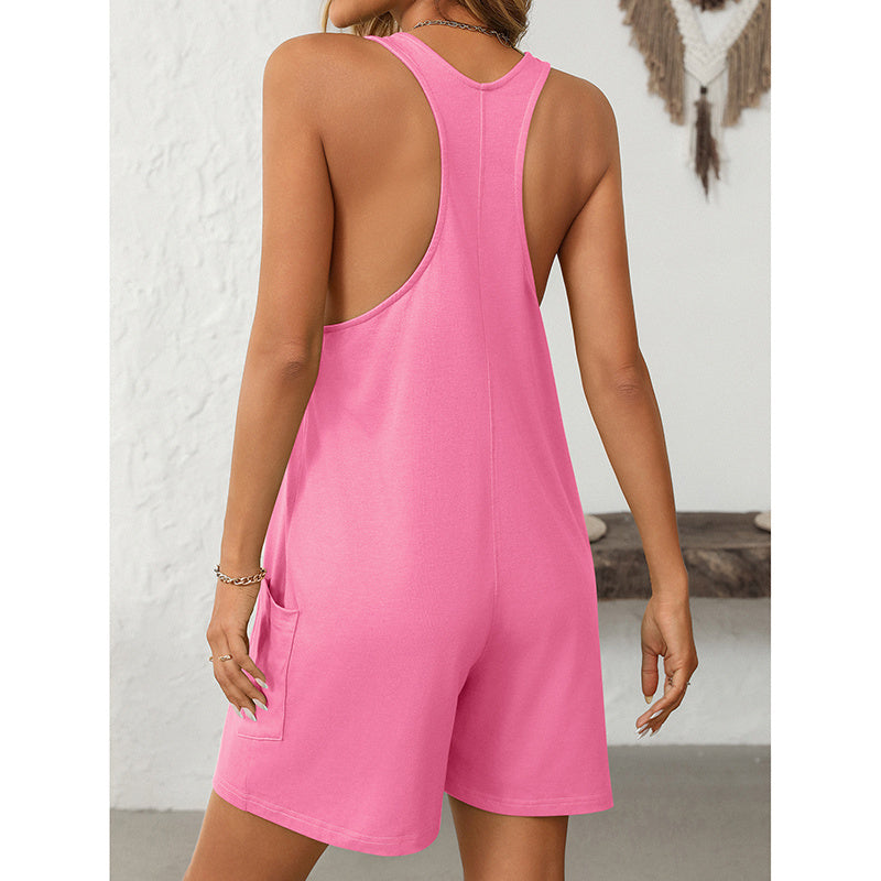 Womens Summer Casual Loose Tank Romper Sleeveless Scoop Neck Jumpsuit Shorts Romper With Pockets - kinko