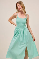 SO ME Smocked Sleeveless Casual Everyday Dress With Slit - kinko