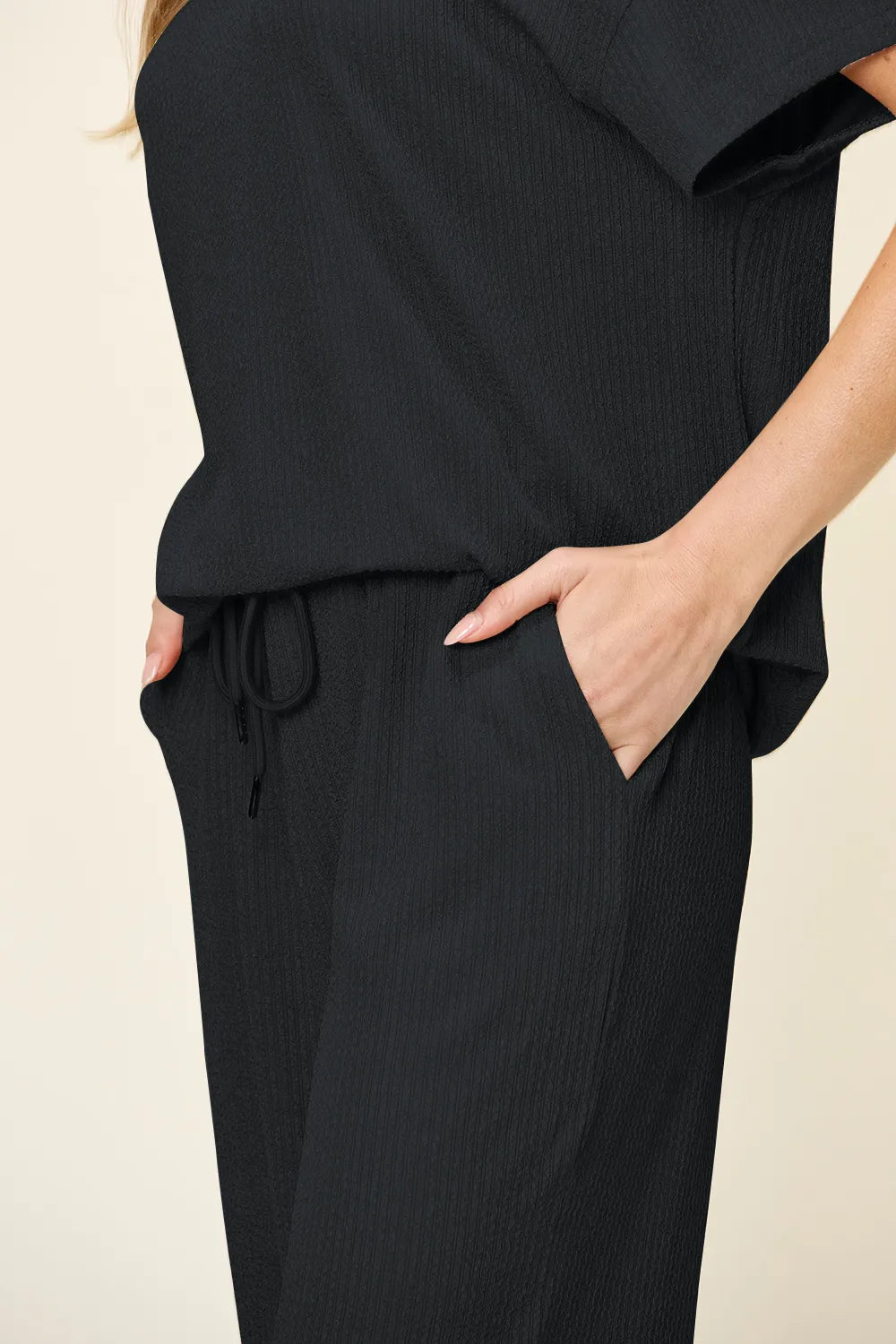 Double Take Full Size Texture Round Neck Short Sleeve T-Shirt and Wide Leg Pants - kinko