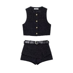 Textured Sleeveless O-neck Short Tweed Sleeveless Waistcoat Outerwear - kinko