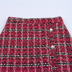 Women's Versatile Pearl Button Coarse Floral Plaid Half Skirt - kinko