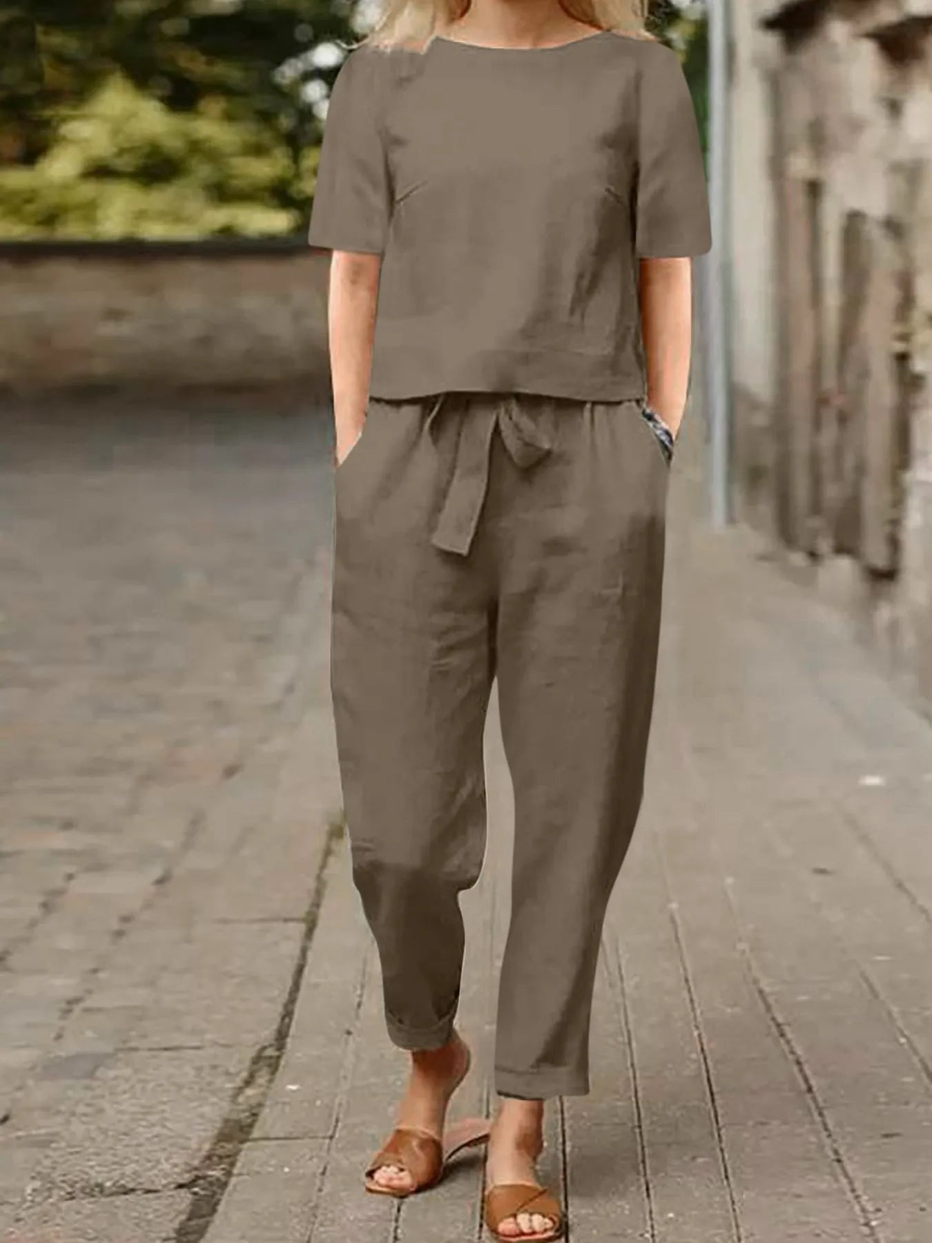 Full Size Round Neck Short Sleeve Top and Pants Set Plus Size - kinko