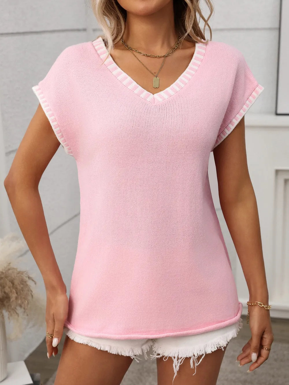 Contrast Trim V-Neck Short Sleeve Knit Top - kinko
