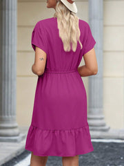 Womens Summer Dresses Short Sleeve V Neck Drawstring Casual Flowy Ruffle A-Line Swing Mini Babydoll Tunic Dress - kinko