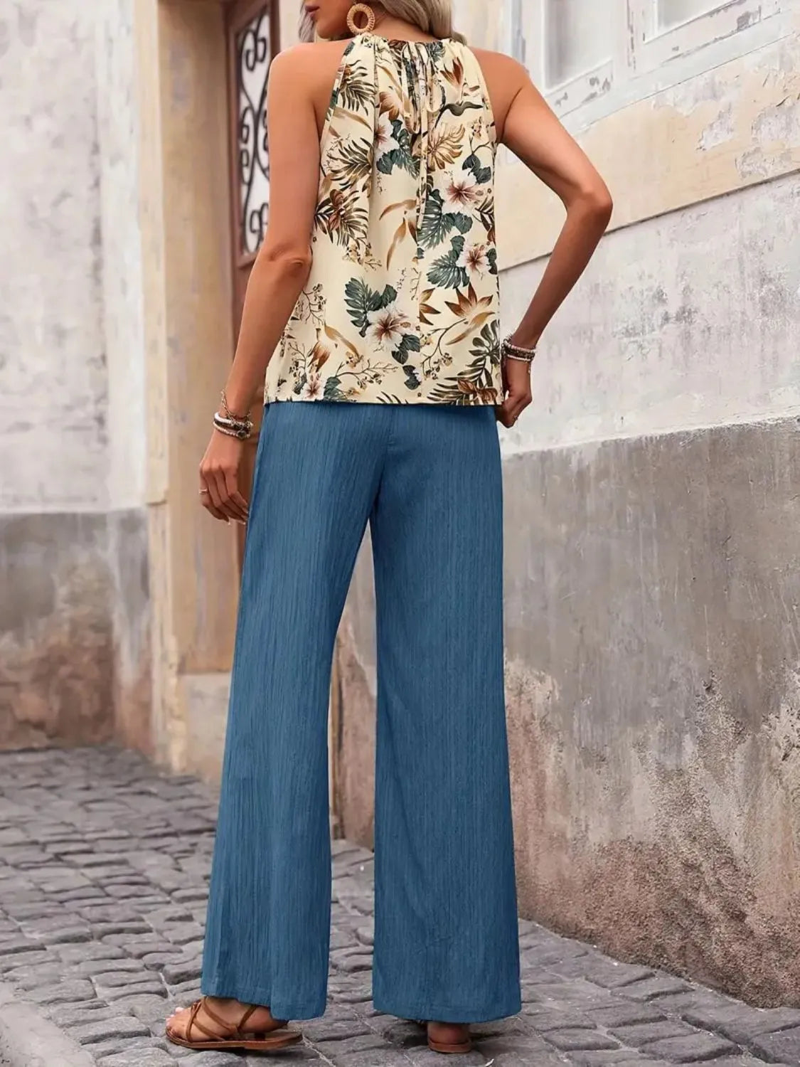 Printed Tank Top and Wide Leg Pants Set - kinko