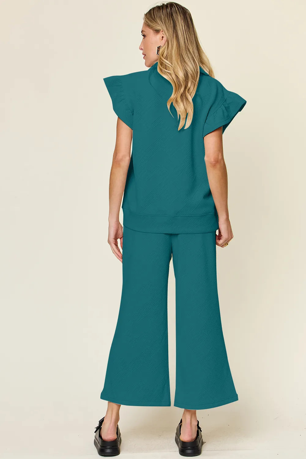 Double Take Texture Ruffle Short Sleeve Top and Drawstring Wide Leg Pants Set - kinko