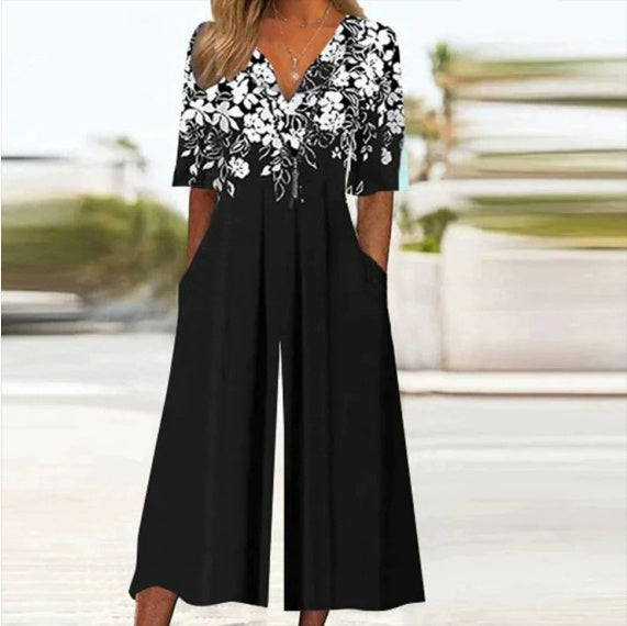 Spring And Summer Print Women's Pocket Collar Jumpsuit - kinko