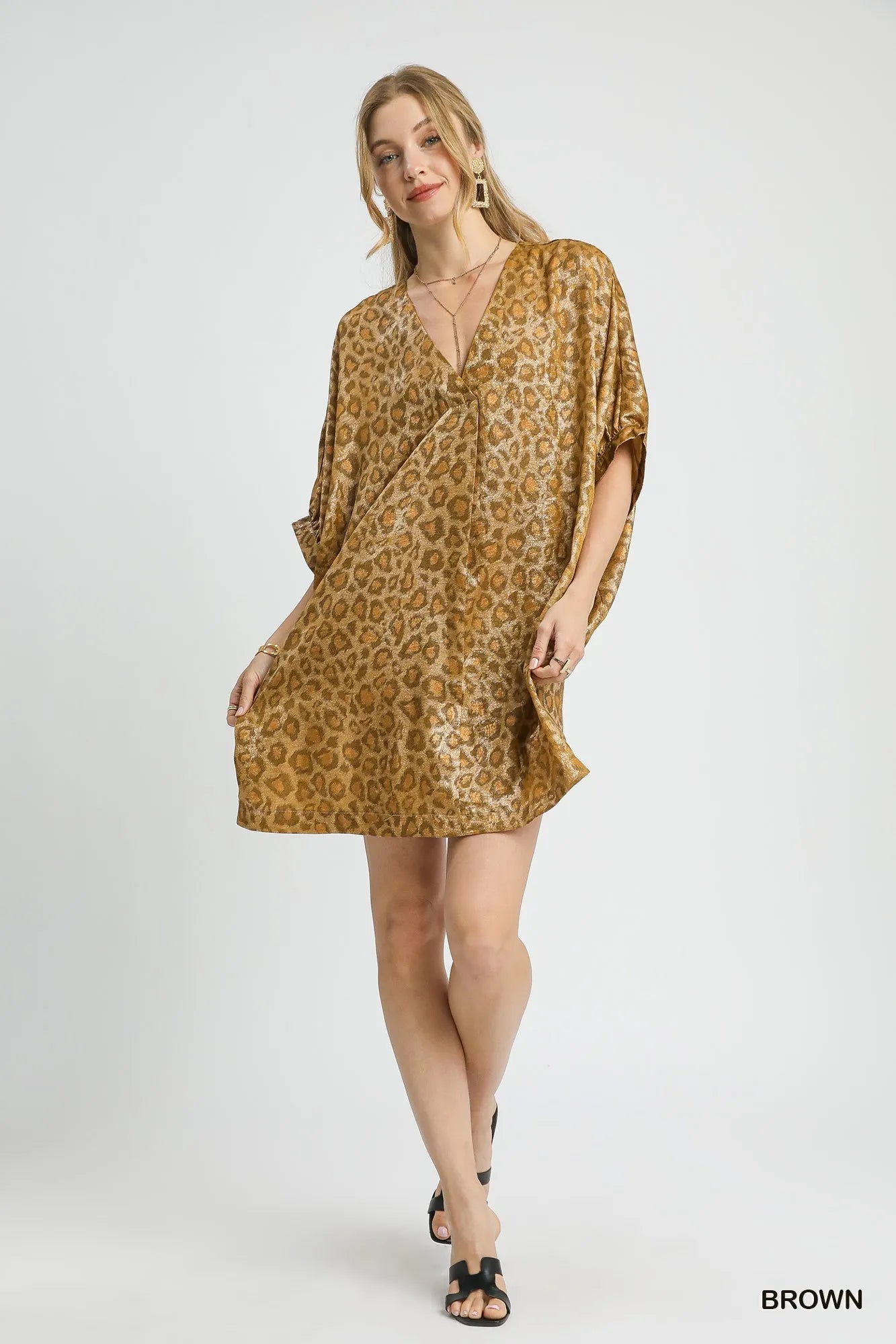Umgee Metallic Leopard Print V-Neck Kimono Dress - kinko