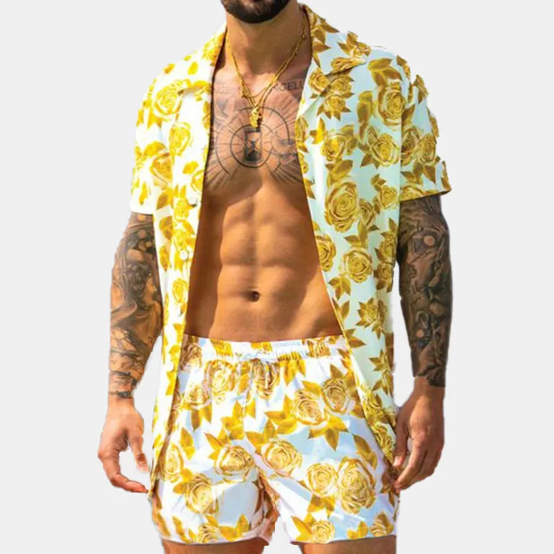 Men's Full Size Button Up Shirt and Shorts Set Plus Size - kinko