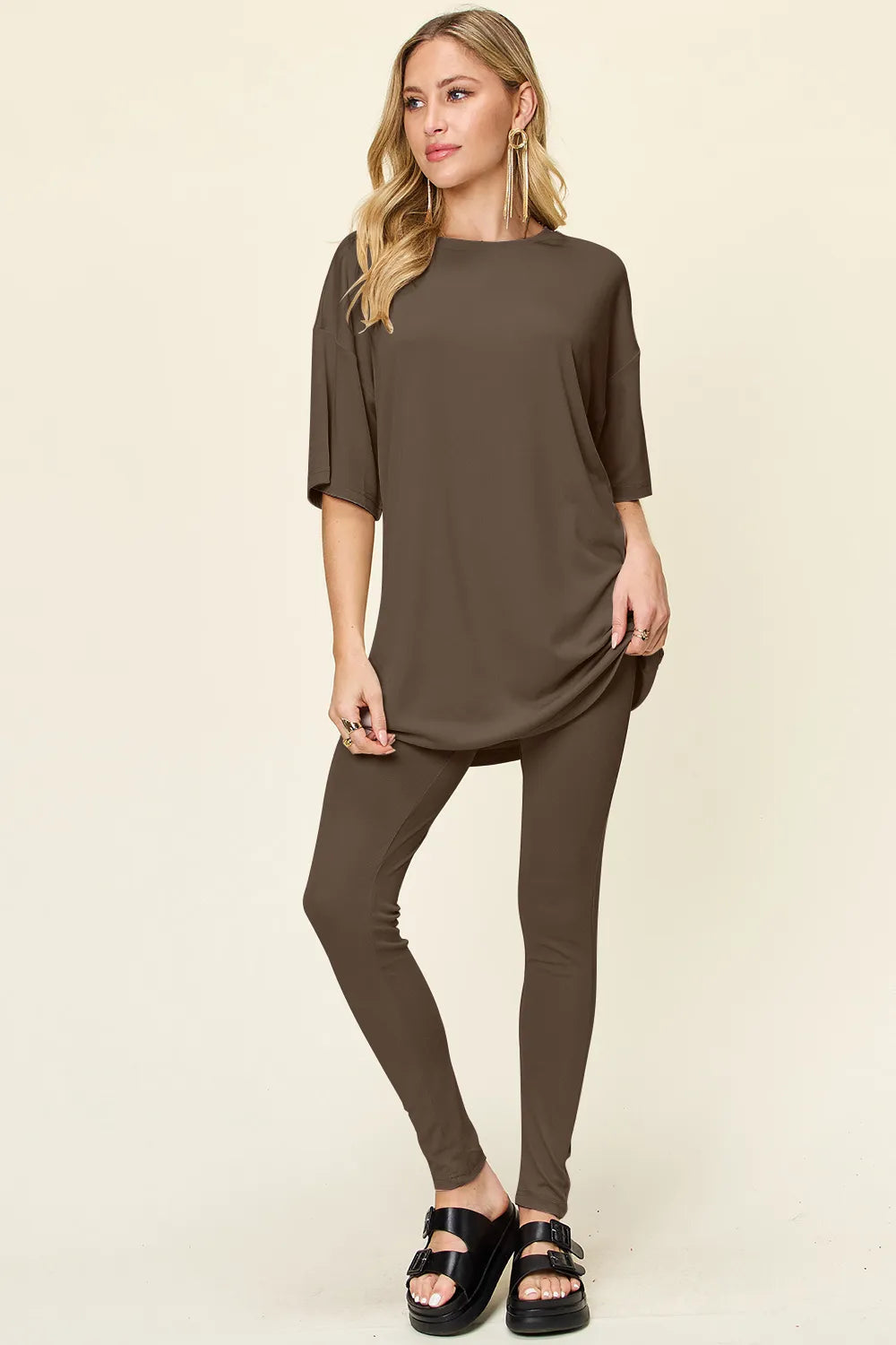 Double Take Full Size Round Neck Dropped Shoulder T-Shirt and Leggings Set - kinko