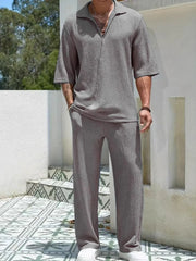 Men's Johnny Collar Half Sleeve Top and Pants Set - kinko