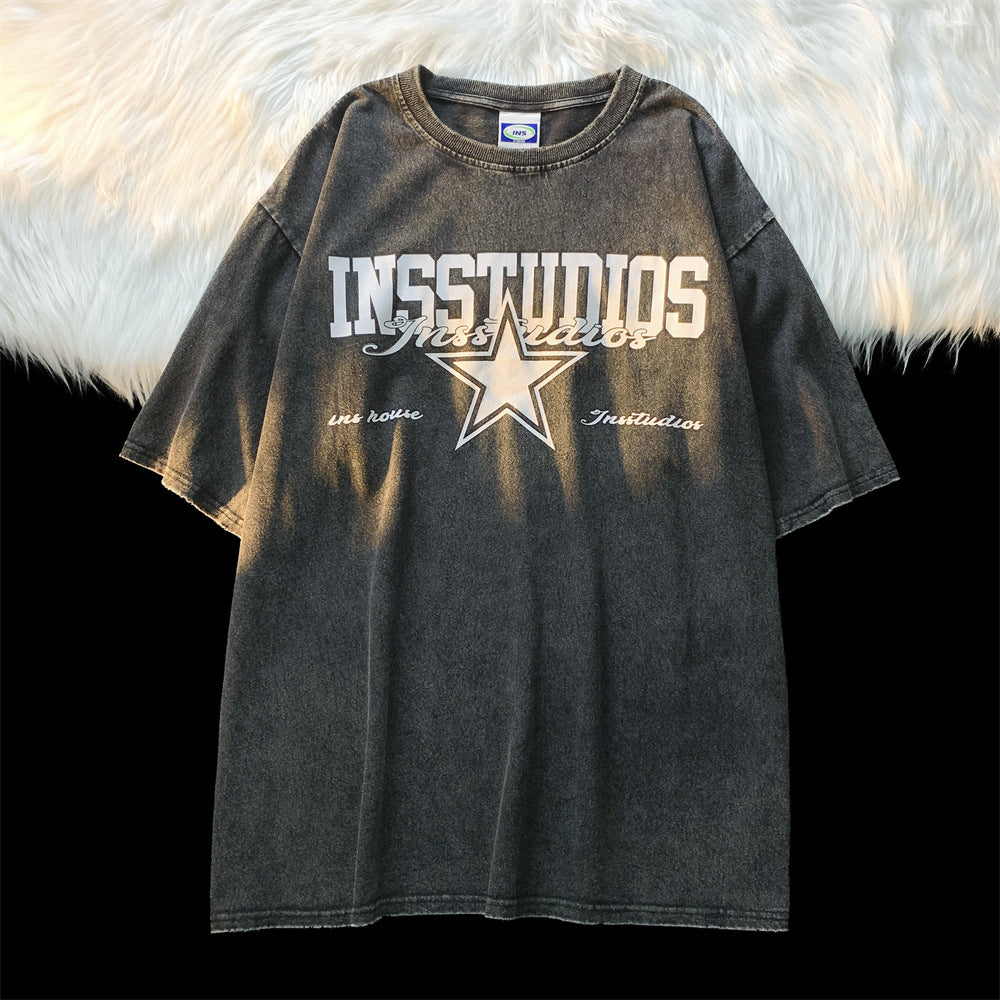 Retro Street Washed Distressed Short Sleeve Male Women Trendy Brand Loose round Neck Oversize Top T shirt