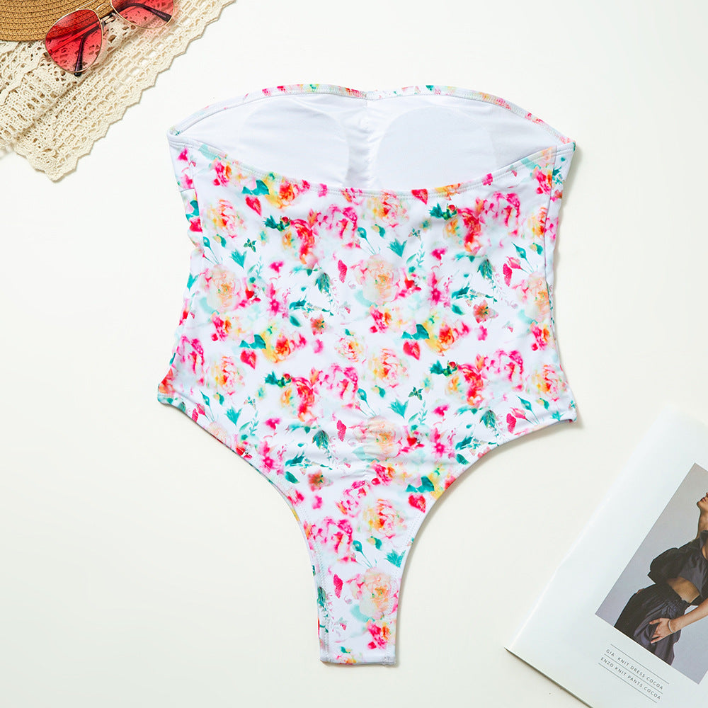 Tube Top Bow Floral Print One Piece Swimsuit Women Sexy Tight Swimsuit - kinko Global Holdings inc