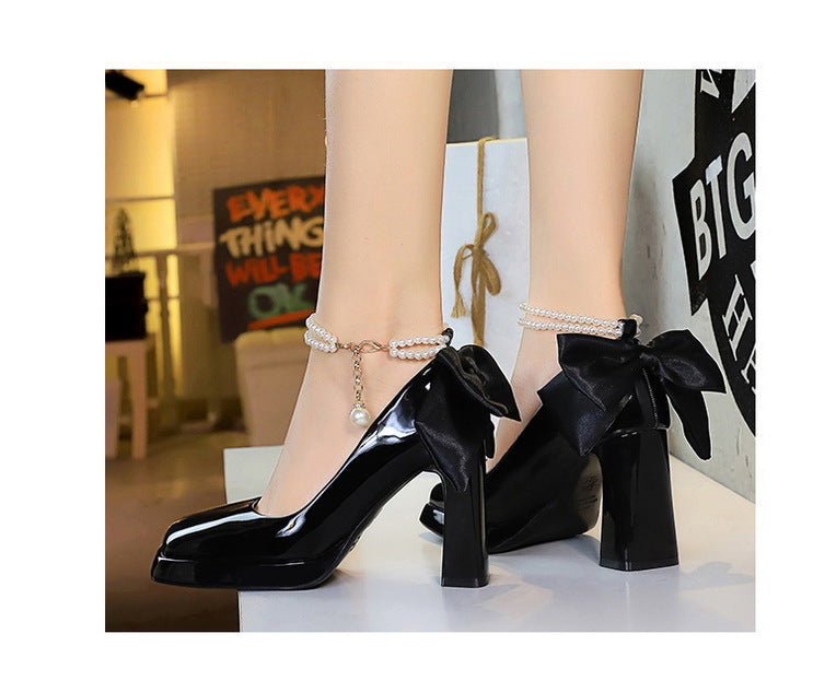 Square Toe Thick Heel Super High Heel Waterproof Platform Pearl Chain Word with Bowknot Wedding Shoes Pumps - kinko Global Holdings inc