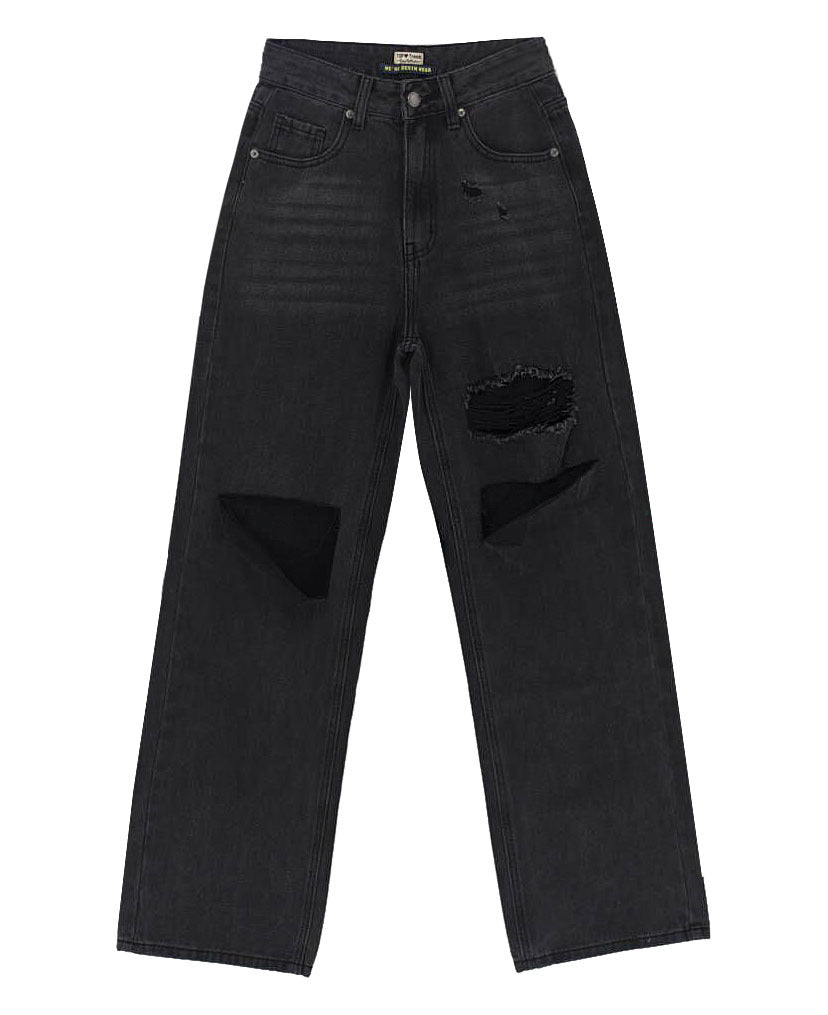 Black Gray Women High Waist Ripped Jeans Baggy Straight Trousers - kinko Global Holdings inc
