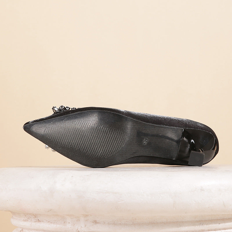 Women Shoes Spring Autumn Rhinestone Fairy Pointed Toe Low Heel Shallow Mouth Pumps - kinko Global Holdings inc