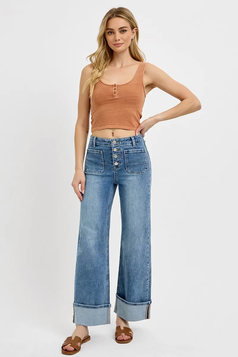 RISEN High Rise Ankle Wide Button Patch Pocket Cuffed Jeans - kinko