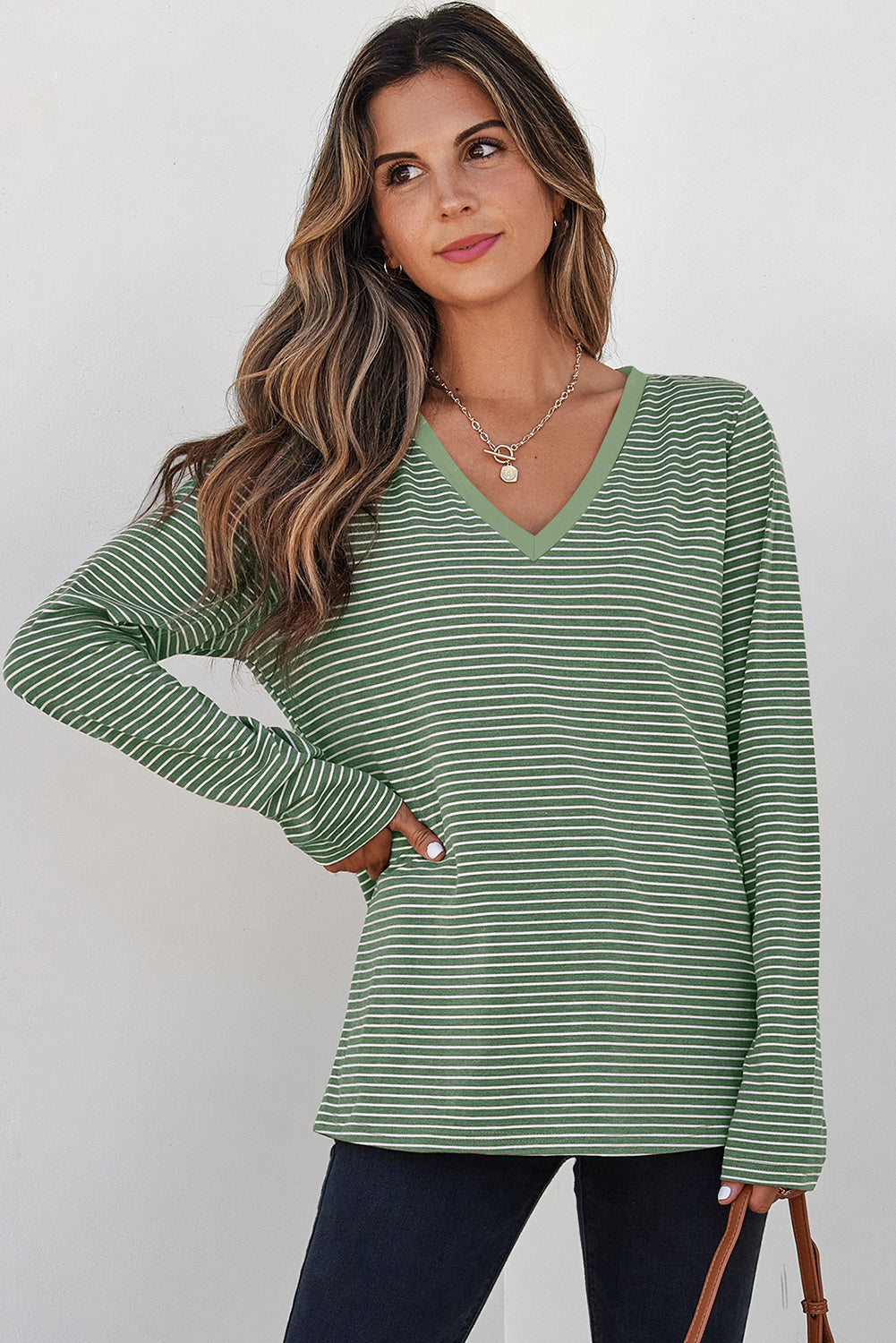 Green Stripe V Neck Stretchy Long Sleeve Top - kinko
