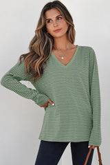 Green Stripe V Neck Stretchy Long Sleeve Top - kinko