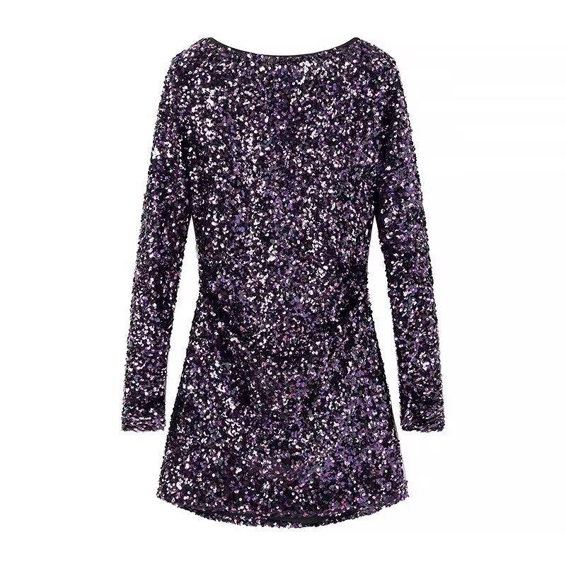 French Style Retro Crew Neck Long Sleeve Sequined Backless Dress - kinko