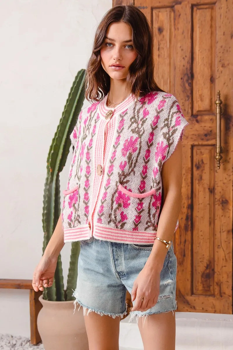 SO ME Button Front Floral and Stripe Knitted Sweater Vest - kinko