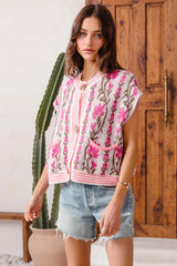 SO ME Button Front Floral and Stripe Knitted Sweater Vest - kinko