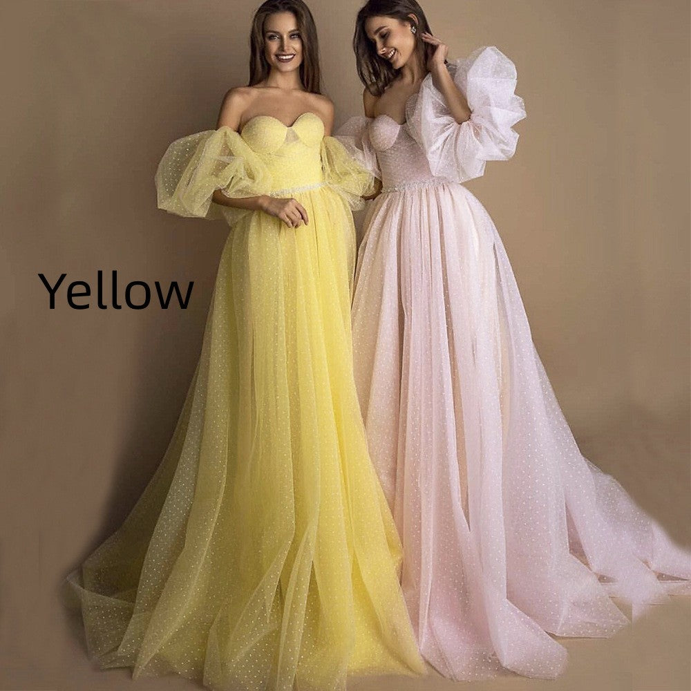 Evening Gown Tube Top Retro Lantern Sleeve Light Yarn - kinko