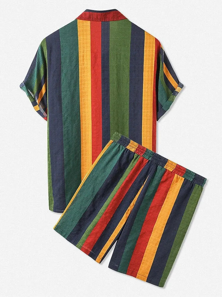 Men's Full Size Striped Button Up Shirt and Shorts Set Plus Size - kinko