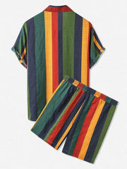 Men's Full Size Striped Button Up Shirt and Shorts Set Plus Size - kinko