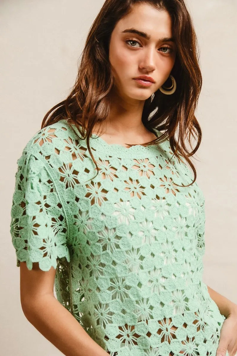 BiBi Openwork Crochet Short Sleeve Knit Top - kinko