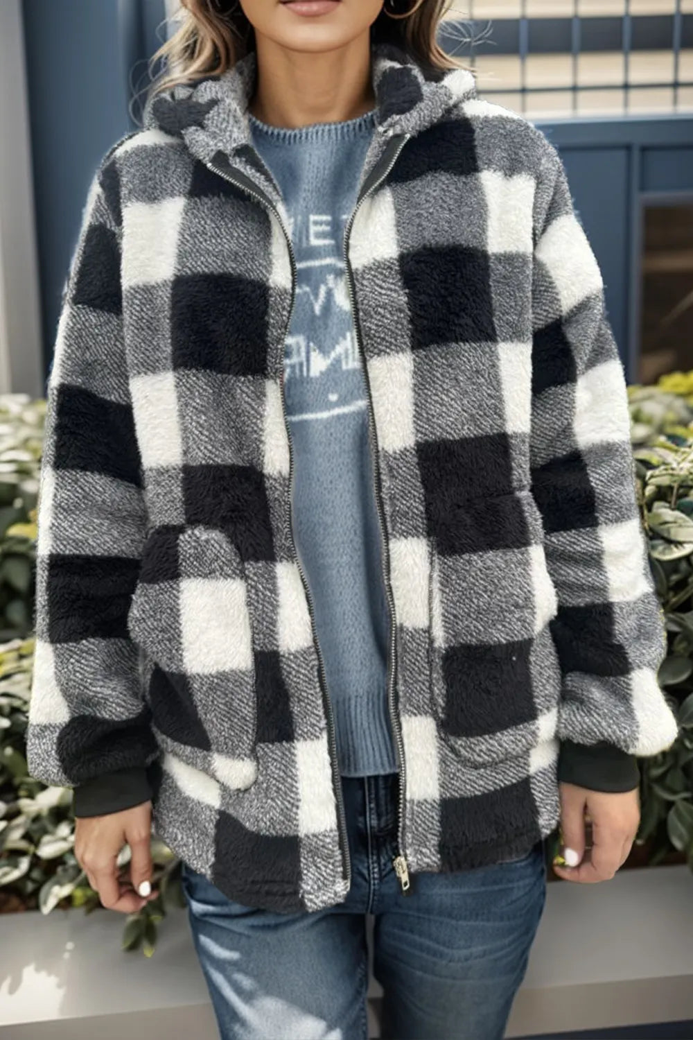 Double Take Full Size Plaid Long Sleeve Hooded Coat - kinko