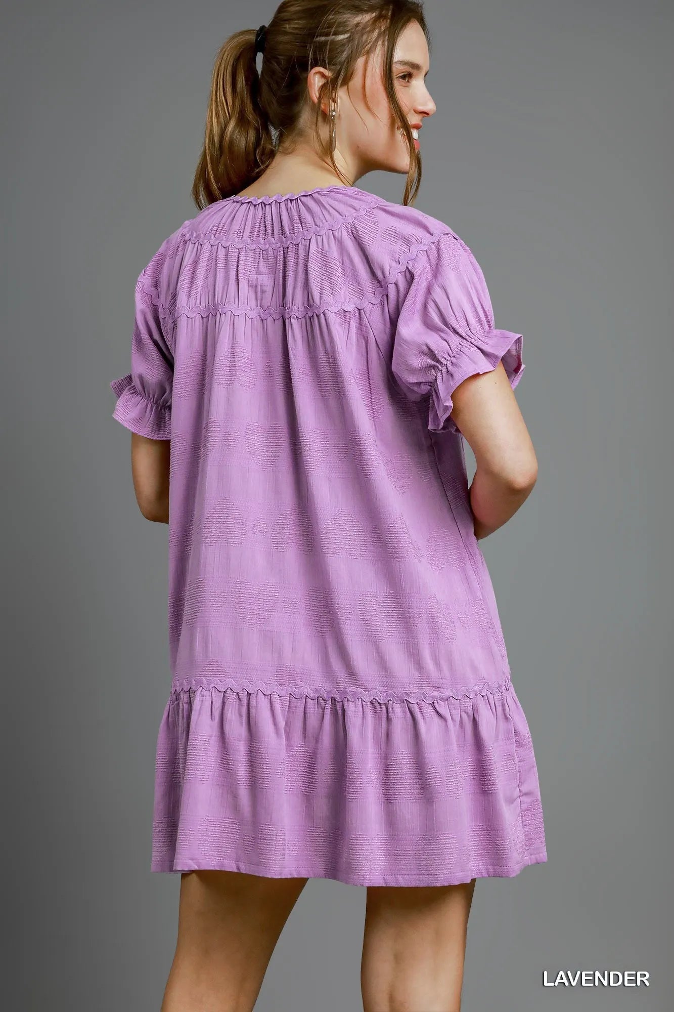 Umgee Heart Pattern Short Sleeve Ruffle Babydoll Dress - kinko